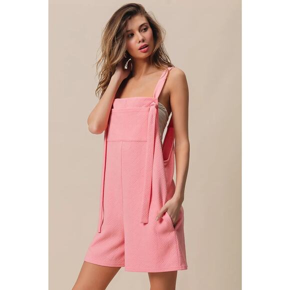 BiBi Texured Jacquard Side Pockets Sleeveless Relaxed Fit Romper | Blush Pink - Picture 8 of 11
